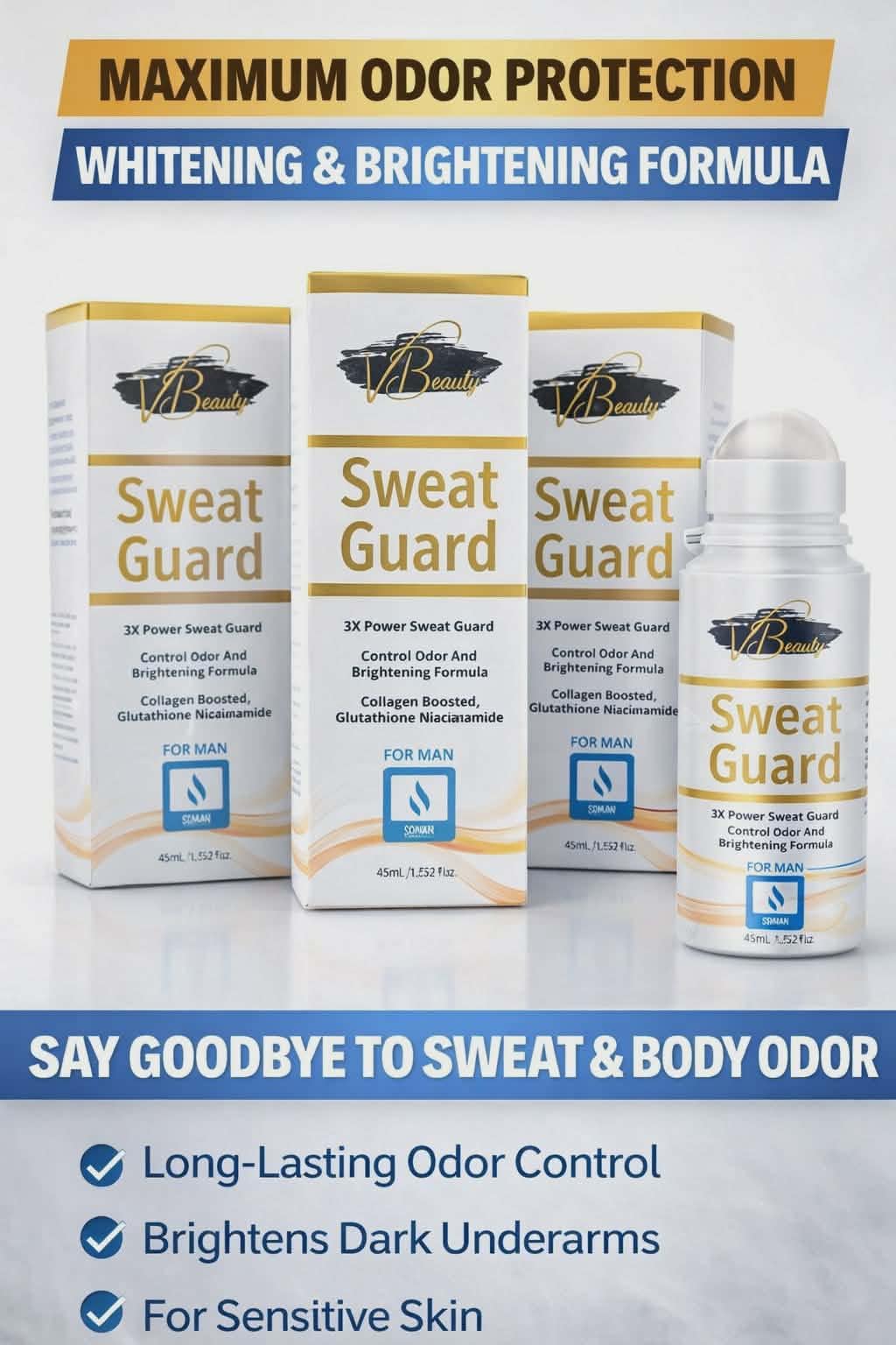 VBeauty Sweat Guard for Men, 3X Power Formula with Collagen Booster, Odour Control and Brightening